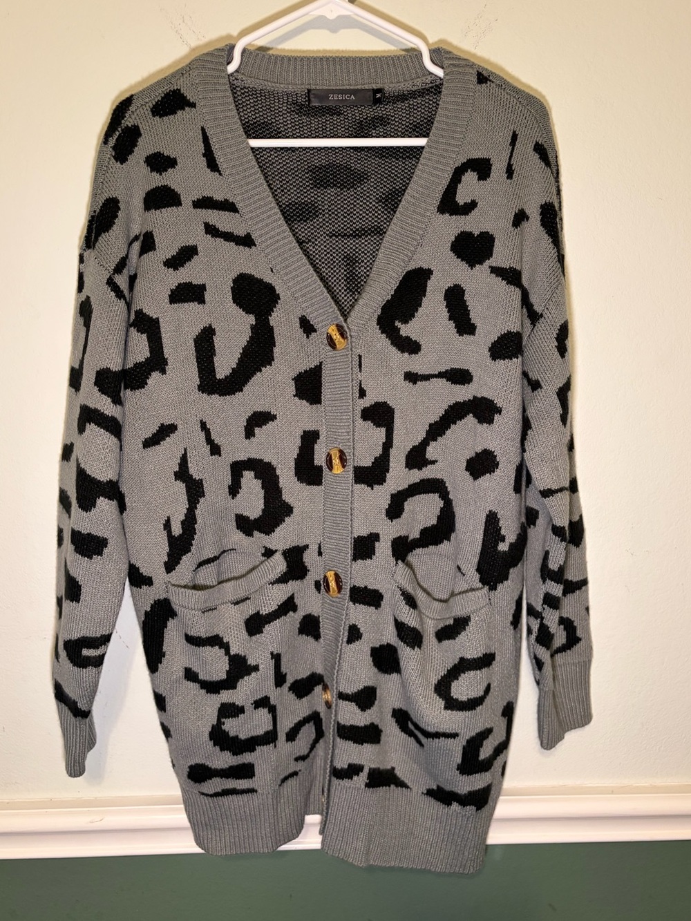 Gray and Black Leopard Print V-Neck Cardigan